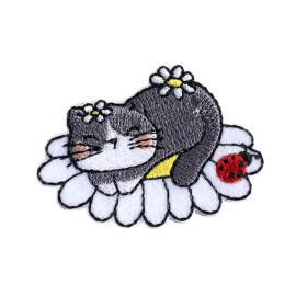 Ecusson chat avec fleur gris 4,5cm x 3cm
