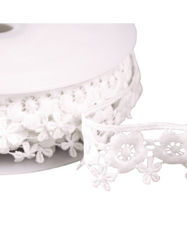 Bobine 13,5m guipure fleurs 35mm blanc