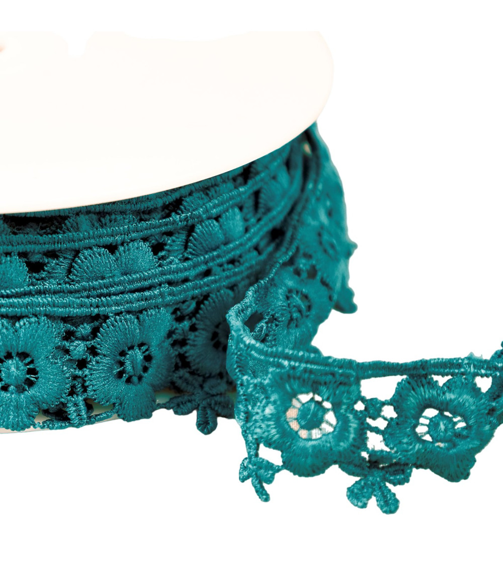 Guipure flowers 35mm duck blue per meter