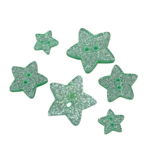 Set of 6 water green glittered star buttons