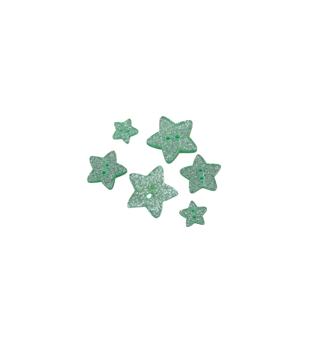 Set of 6 water green glittered star buttons