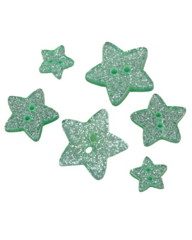 Set of 6 water green glittered star buttons