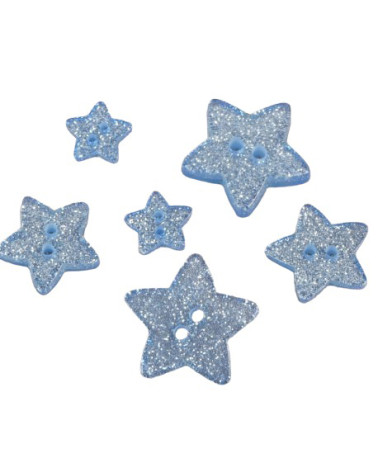 Set of 6 sky blue glitter star buttons