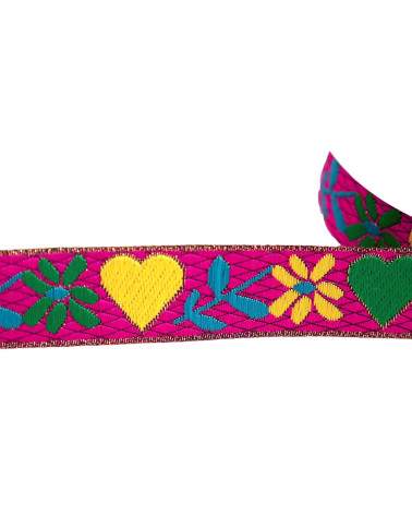 Bobine 10m galon jacquard coeurs et fleurs 25mm rose framboise