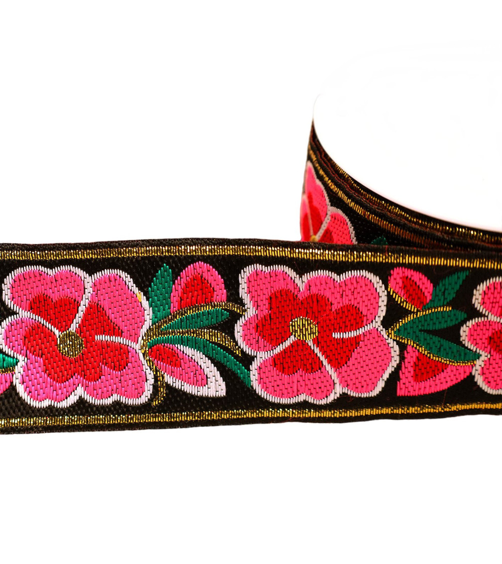 Bobina da 10 m di treccia jacquard a fiori da 50 mm nera
