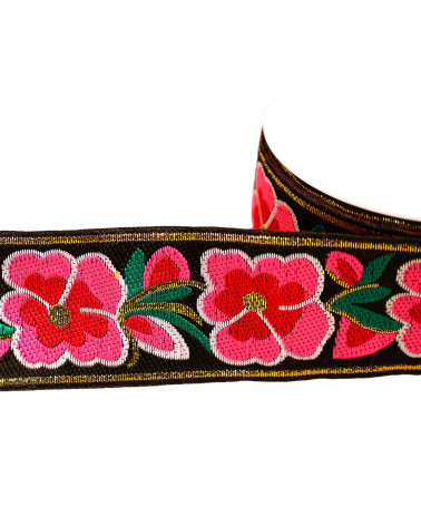 Bobina da 10 m di treccia jacquard a fiori da 50 mm nera
