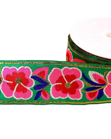 Bobina da 10 m di treccia jacquard a fiori da 50 mm verde scuro