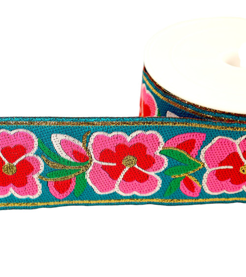 10m spool of flower jacquard braid 50mm turquoise blue