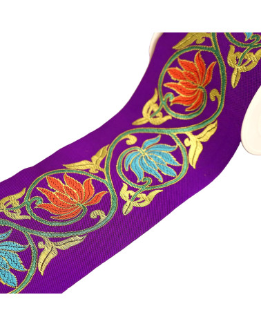 Bobina da 10 m di treccia jacquard con foglie arabescate da 100 mm viola