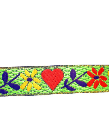 Jacquard-Zopf mit Herzen und Blumen, 25 mm, anisgrün, Meterware