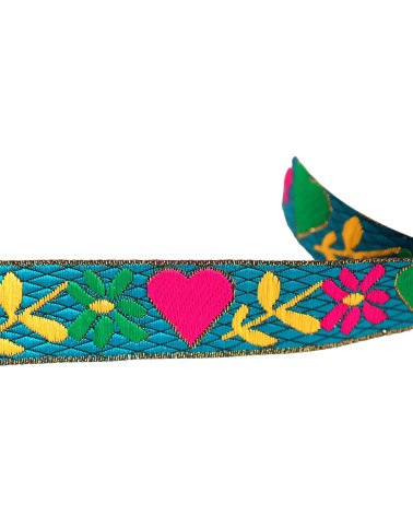 Jacquard-Zopf mit Herzen und Blumen, 25 mm, türkisblau, Meterware