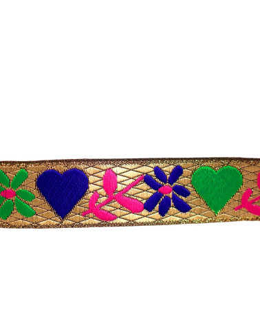 Jacquard-Zopf mit Herzen und Blumen, 25 mm, Beige, Meterware