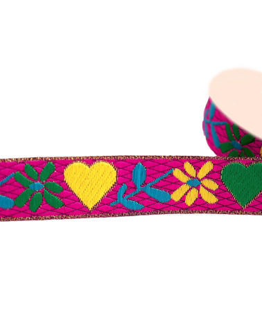 Jacquard-Zopf mit Herzen und Blumen, 25 mm, himbeerrosa, Meterware