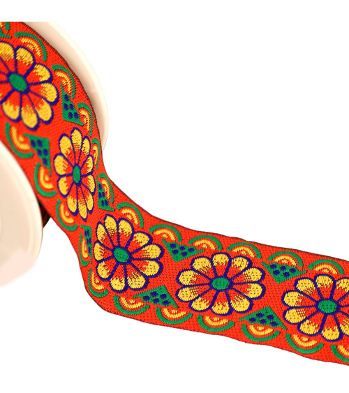 Jacquard braid with rosettes 50mm red by the meter