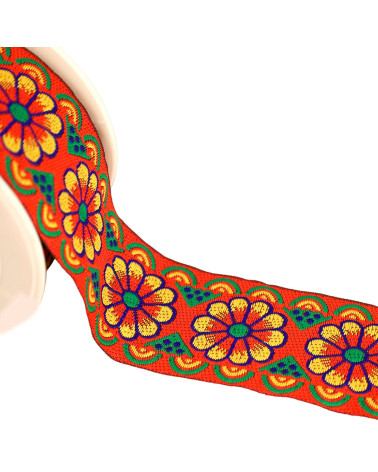 Jacquard braid with rosettes 50mm red by the meter