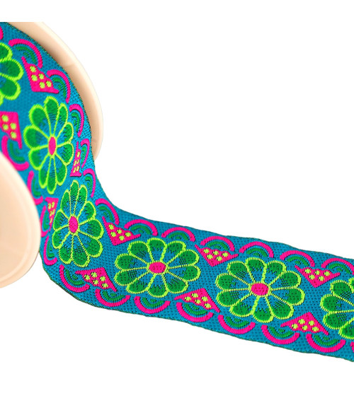 Jacquard braid with rosettes 50mm turquoise blue by the meter