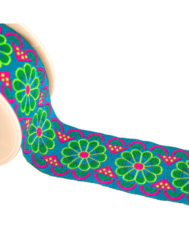 Jacquard braid with rosettes 50mm turquoise blue by the meter