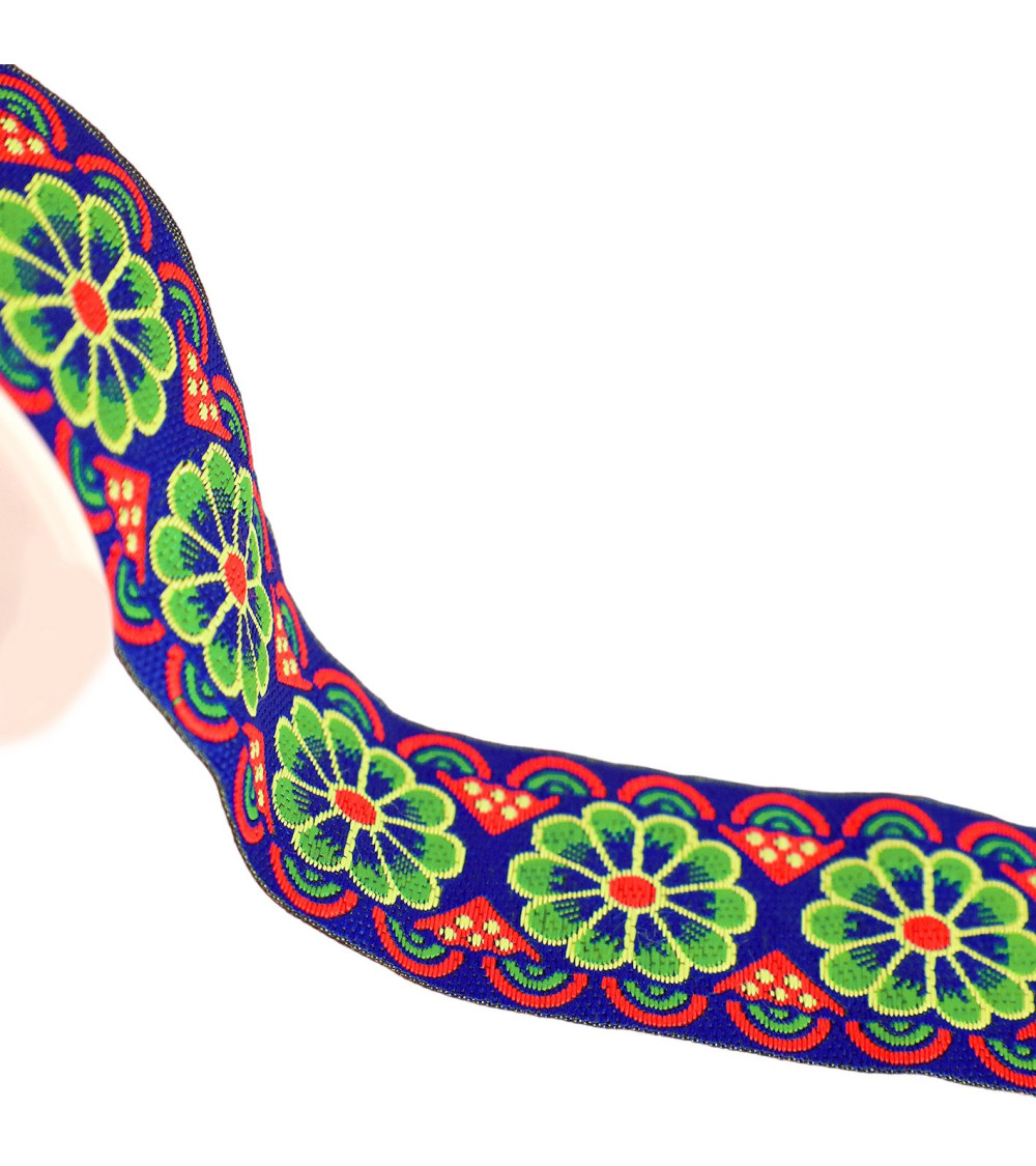 Jacquard braid with rosettes 50mm blue by the meter