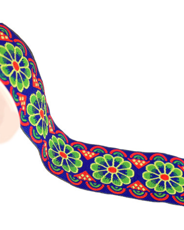 Jacquard braid with rosettes 50mm blue by the meter