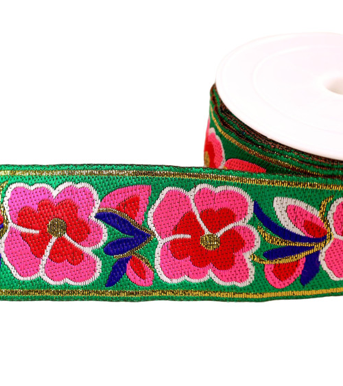 Flower jacquard braid 50mm dark green per meter