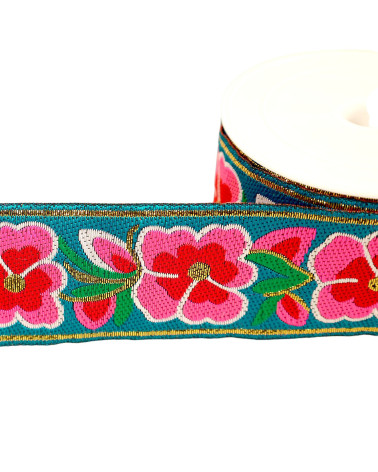 Flower jacquard braid 50mm turquoise blue by the meter