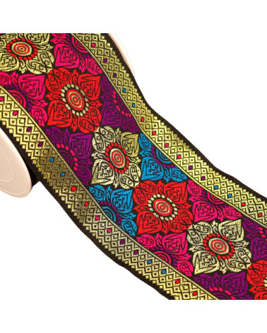 Rot-blaues Fuchsia-Gold-Jacquard-Geflecht, 100 mm, mehrfarbig, Meterware