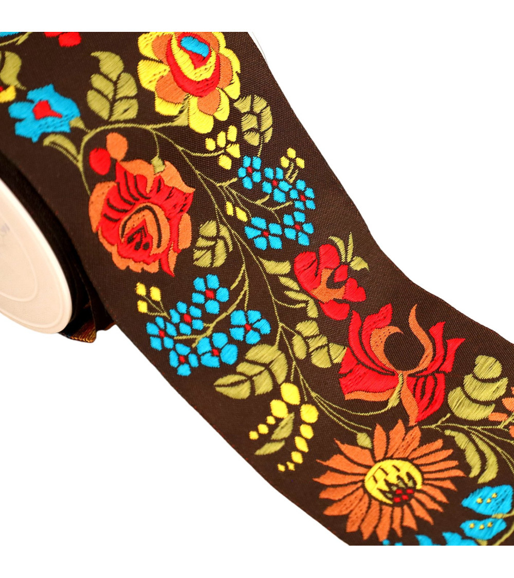 Jacquard braid red yellow blue flowers 100mm multicolor by the meter
