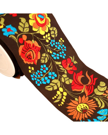 Jacquard-Zopf, rot, gelb, blau, Blumen, 100 mm, mehrfarbig, Meterware
