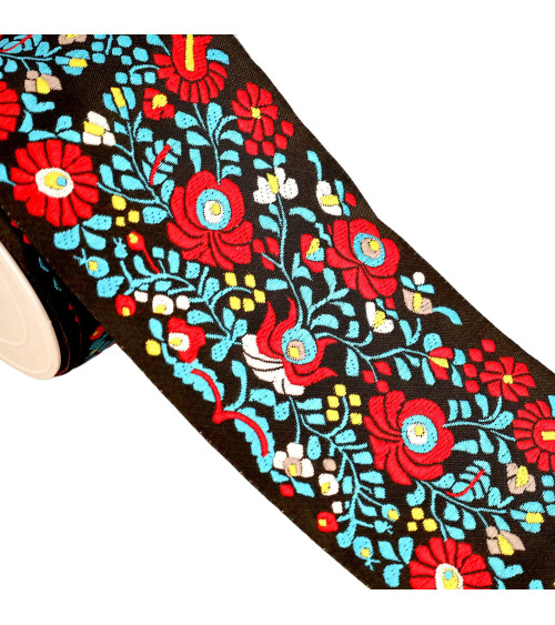 Jacquard braid red and blue flowers 100mm multicolor by the meter