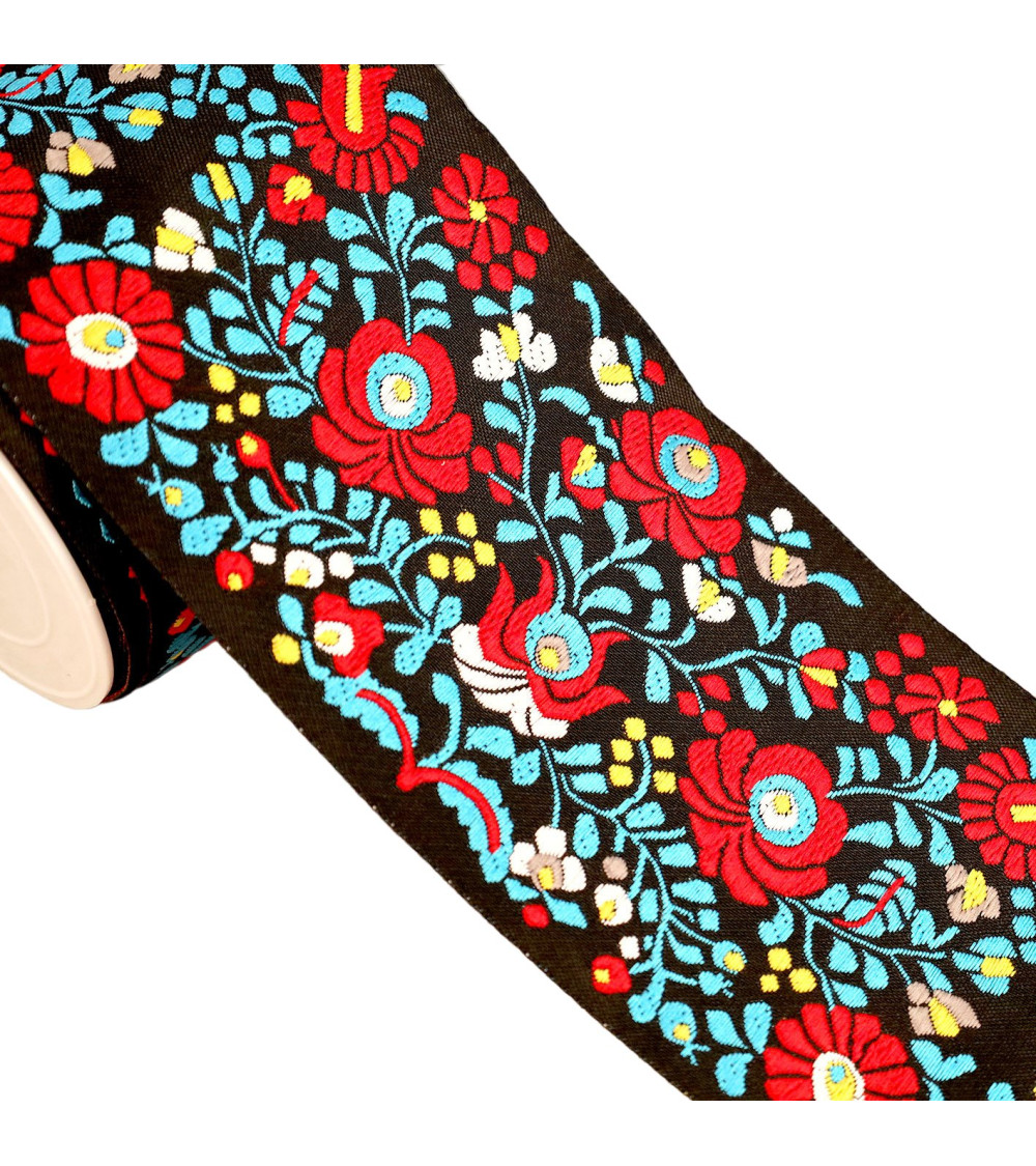 Jacquard-Zopf, rote und blaue Blumen, 100 mm, mehrfarbig, Meterware