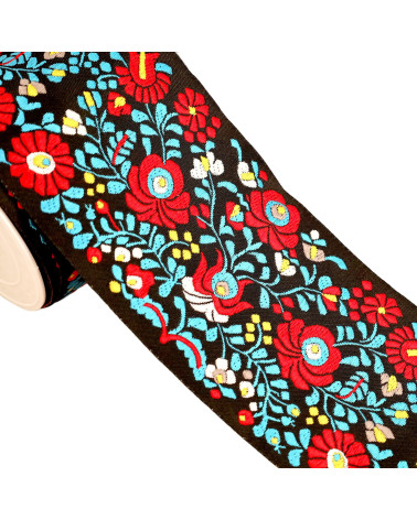 Jacquard-Zopf, rote und blaue Blumen, 100 mm, mehrfarbig, Meterware