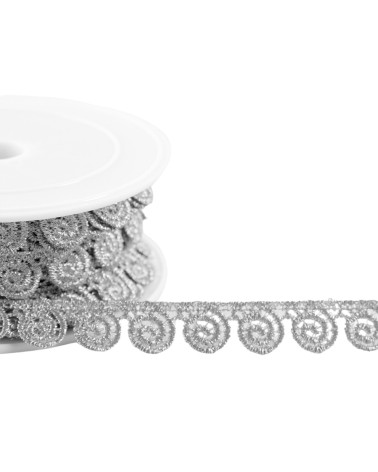 Spool of 13.5m spiral metallic guipure 15mm silver