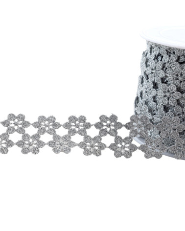 Bobine 13,5m guipure métallique fleurs 30mm argent