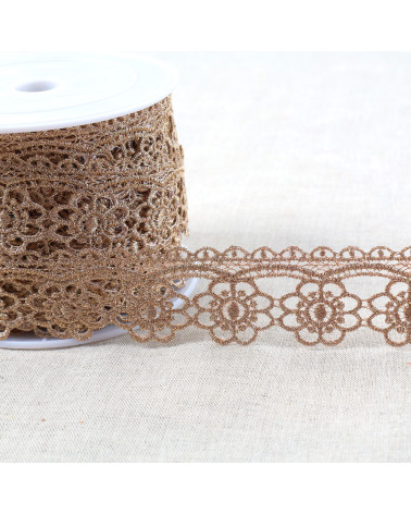 Bobine 13,5m broderie métallique sur tulle 35mm or rose