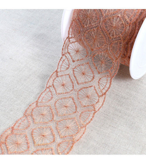 13.5m spool metallic embroidery on 70mm rose gold tulle