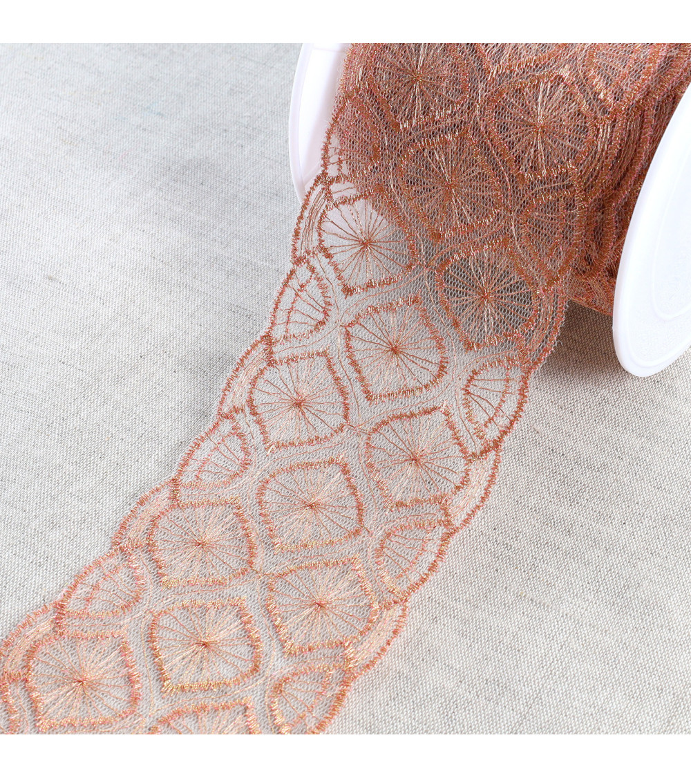 13.5m spool metallic embroidery on 70mm rose gold tulle
