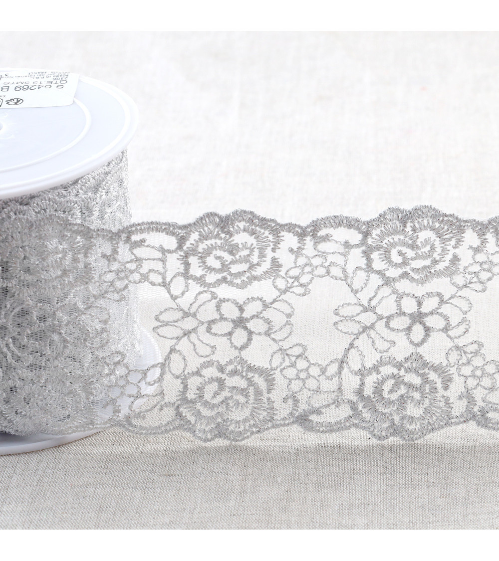 Bobine 13,5m broderie métallique sur tulle 80mm argent