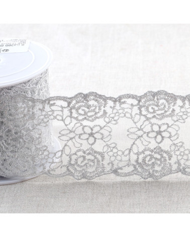Bobine 13,5m broderie métallique sur tulle 80mm argent