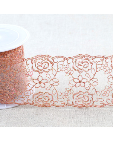 Bobine 13,5m broderie métallique sur tulle 80mm or rose