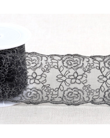 Bobine 13,5m broderie métallique sur tulle 80mm noir/argent