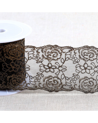 Bobine 13,5m broderie métallique sur tulle 80mm noir/or