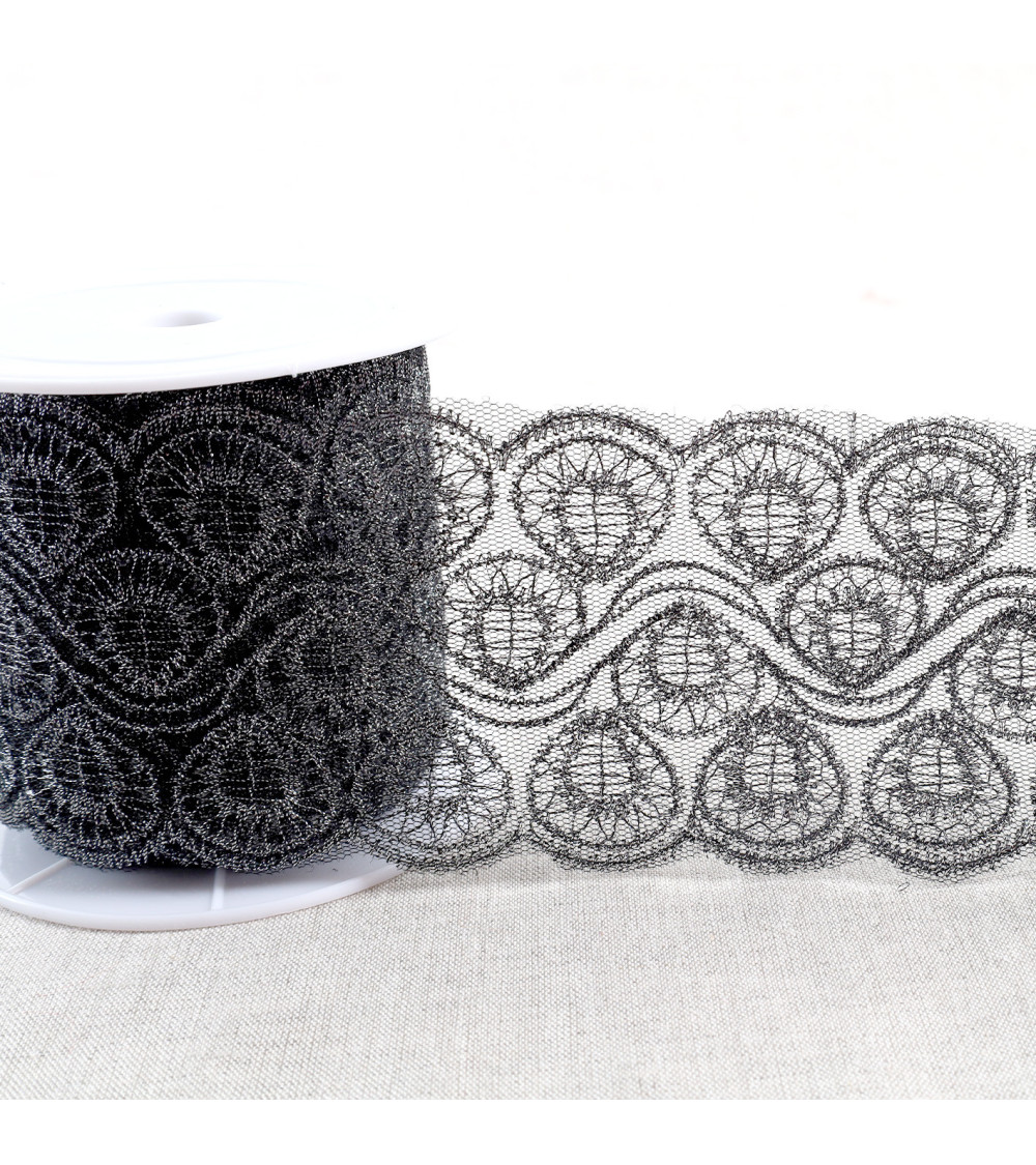 13.5m spool metallic embroidery on 80mm black/silver tulle