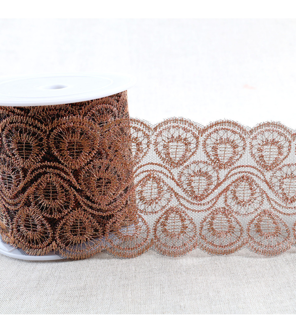 13.5m spool metallic embroidery on 80mm black/gold/pink tulle