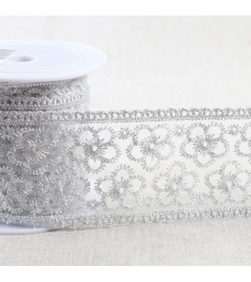 13.5m spool metallic embroidery on tulle 62mm silver