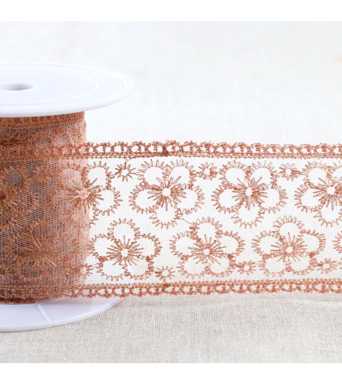 Bobine 13,5m broderie métallique sur tulle 62mm or rose