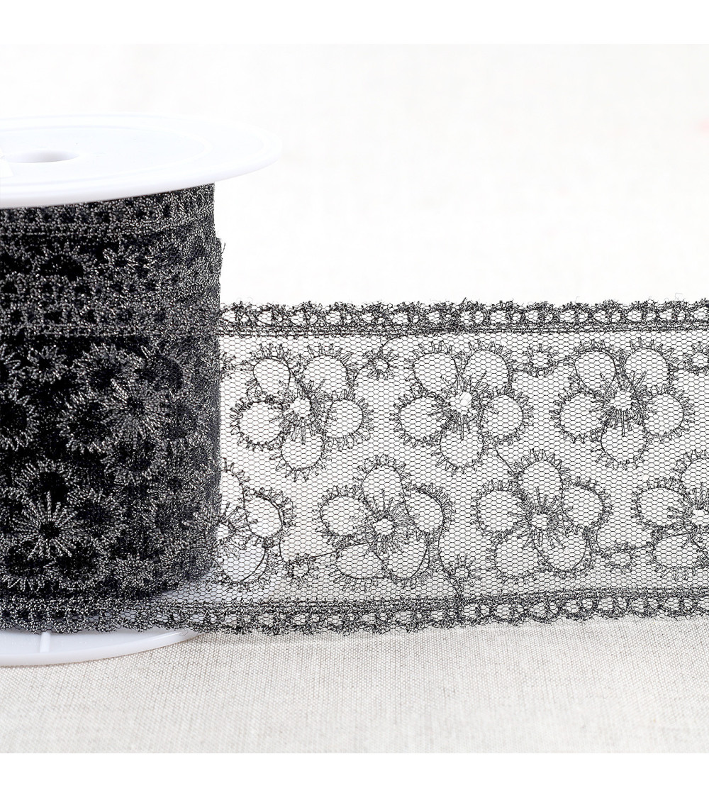 13.5m spool metallic embroidery on tulle 62mm black/silver