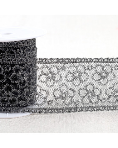 Bobine 13,5m broderie métallique sur tulle 62mm noir/argent