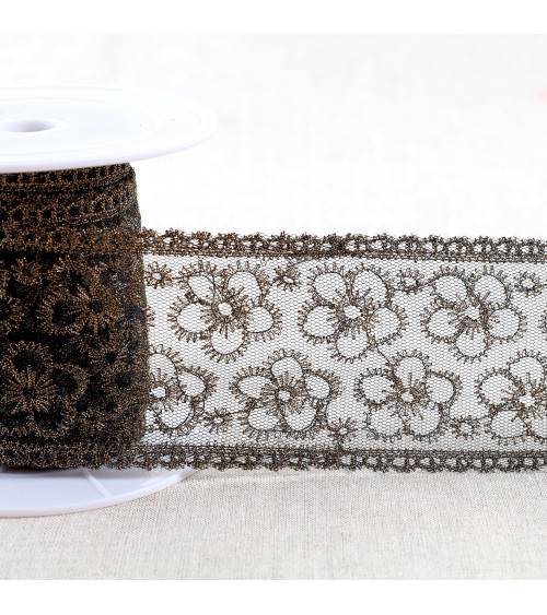 13.5m spool metallic embroidery on tulle 62mm black/gold