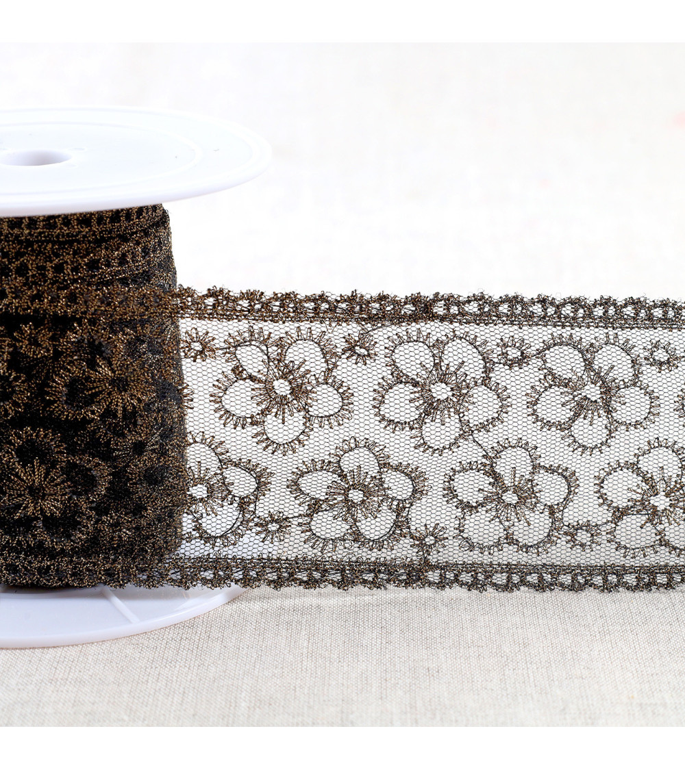13.5m spool metallic embroidery on tulle 62mm black/gold