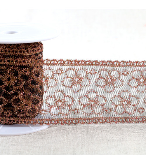 13.5m spool metallic embroidery on tulle 62mm black/gold/pink